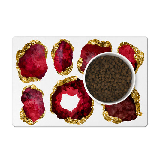 Ruby red and gold gemstone print pet feeding mat.