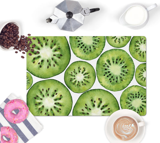 Kiwi slice pattern kitchen counter top mat with nonskid rubber back.