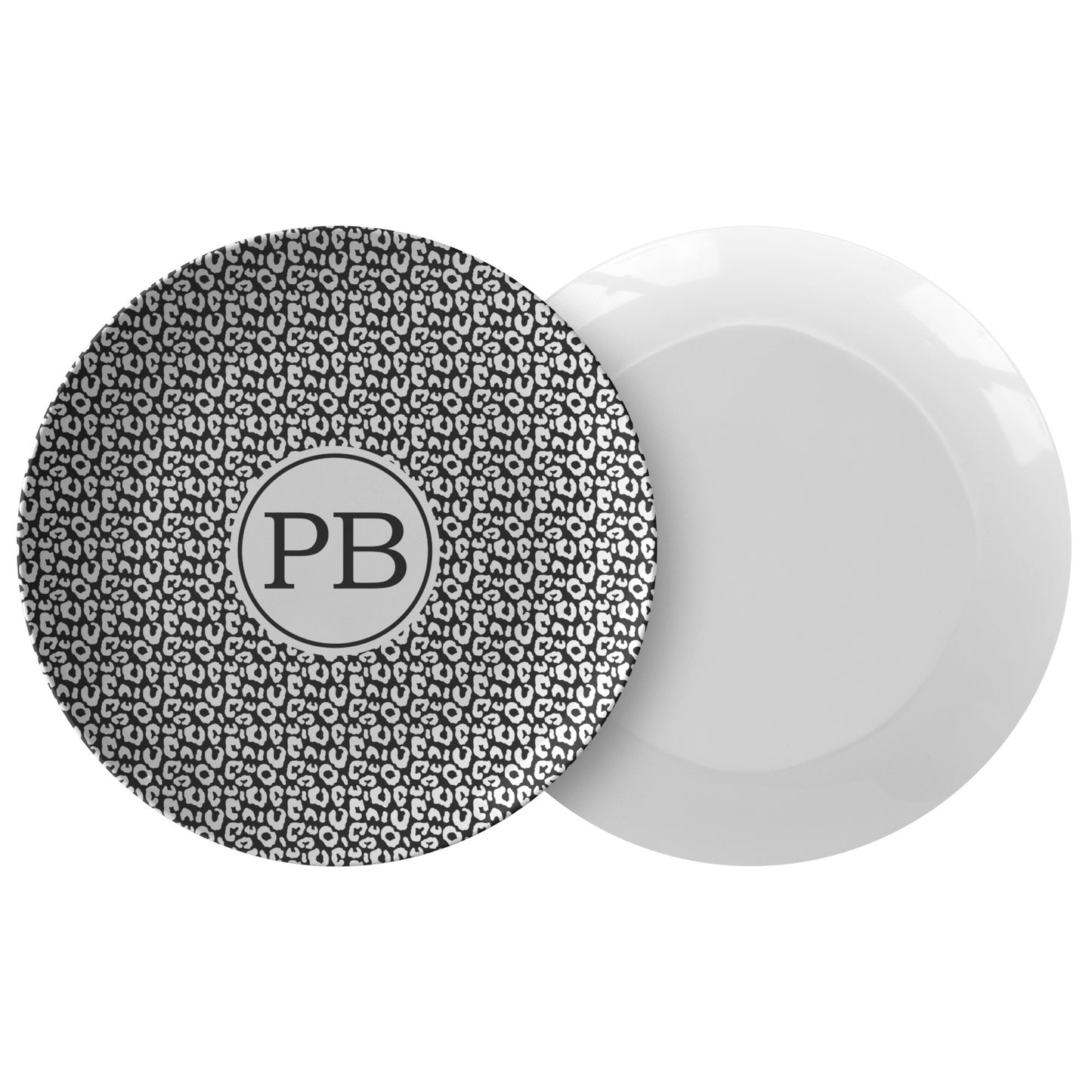 Monogram Plates 10"D, Black & White Leopard, Luxury Plastic, Choose Single or Set