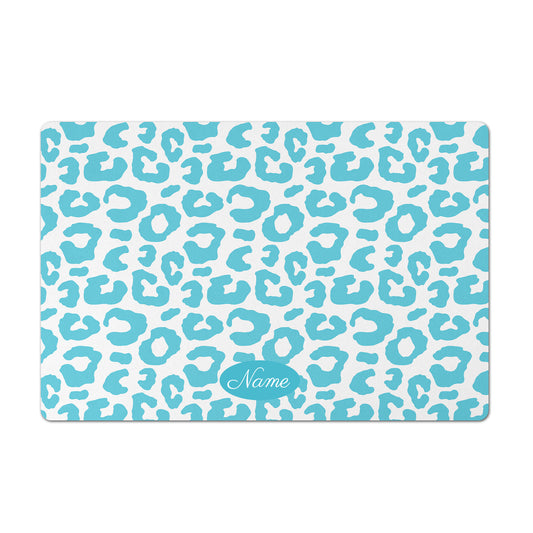 Personalized Leopard Pet Bowl Mat, Aqua and White
