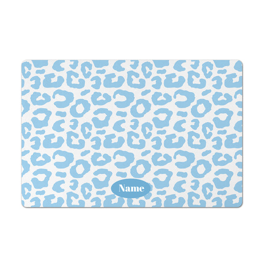 Personalized Leopard Pet Bowl Mat, Baby Blue and White