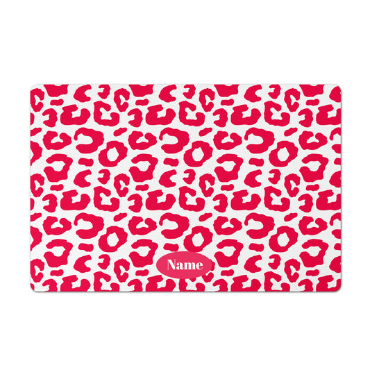 Personalized Leopard Pet Bowl Mat, Hot Pink Fuchsia and White