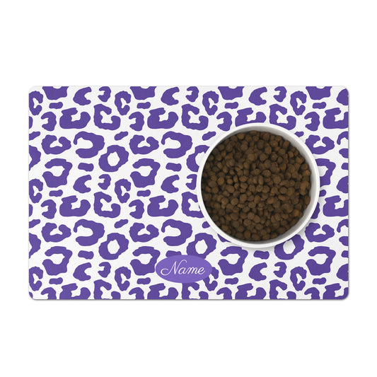 Cute leopard pattern in purple grape is printed on white pet feeding mat. Personalize with any name or word.