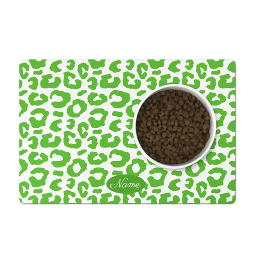 Personalized pet placemat in a vibrant and colorful grass green and white leopard print.