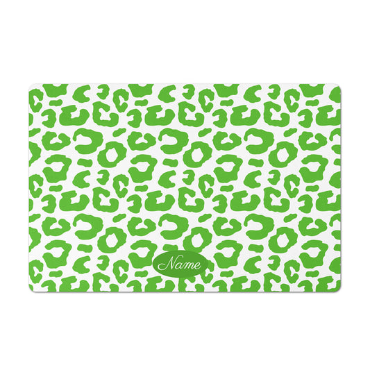 Personalized Leopard Pet Bowl Mat, Grass Green and White