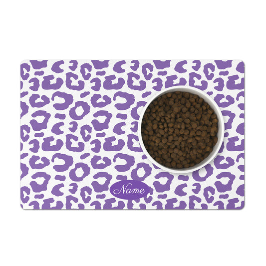 Customized leopard pet feeding mat in purple lavender and white.