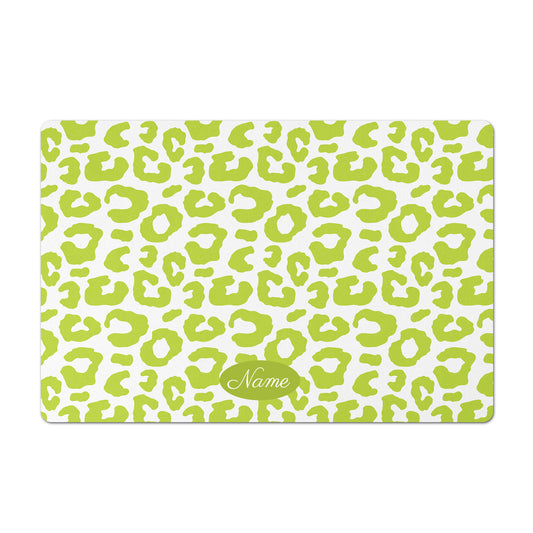Personalized Leopard Pet Bowl Mat, Leaf Green and White