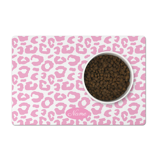 Leopard pet bowl placemat in a colorful light pink and white. Great personalized pet gift idea.