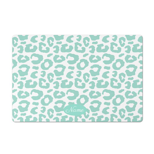 Personalized Leopard Pet Bowl Mat, Peppermint and White