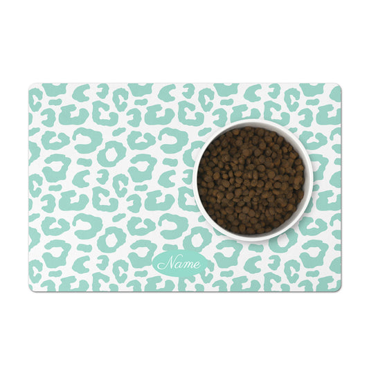Customized pet feeding mat in peppermint and white leopard print.