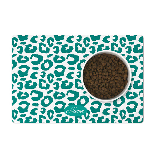 Teal and white leopard pet bowl mat can be personalized with any name.