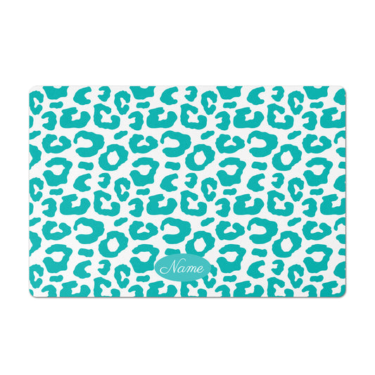 Personalized Leopard Pet Bowl Mat, Chic Blue and White
