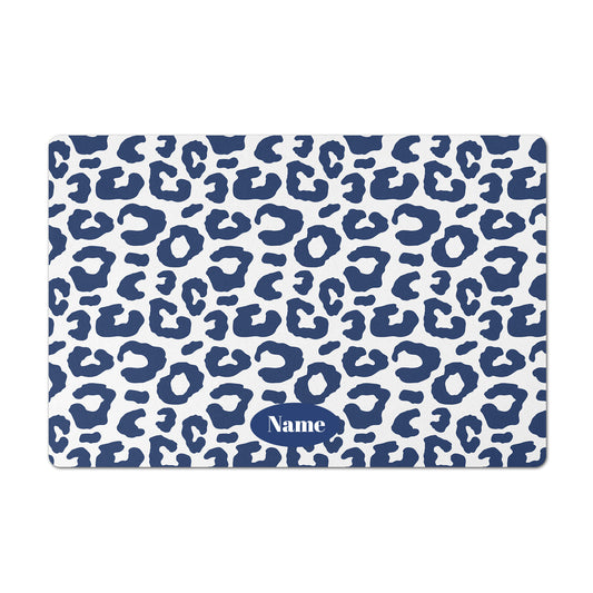Personalized Leopard Pet Bowl Mat, True Navy and White