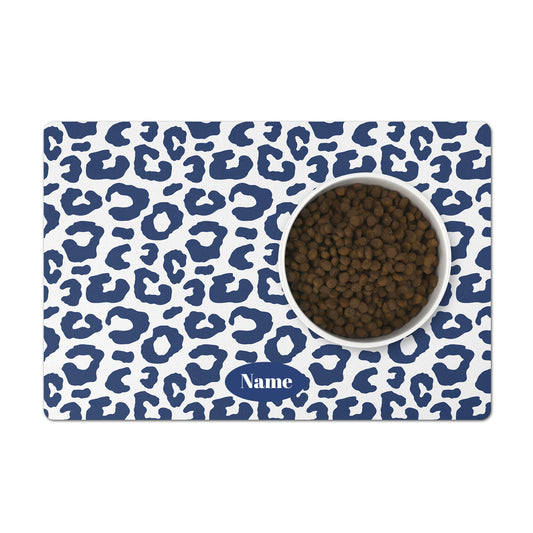 Personalized pet feeding mat has true navy and white leopard pattern design personalized with any name or word.