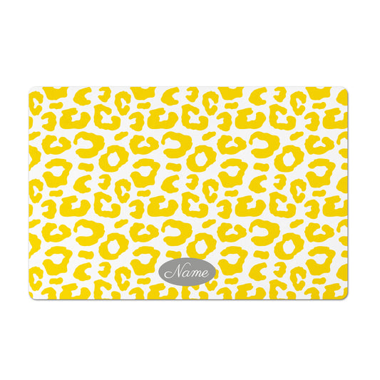 Personalized Leopard Pet Bowl Mat, Golden Yellow and White
