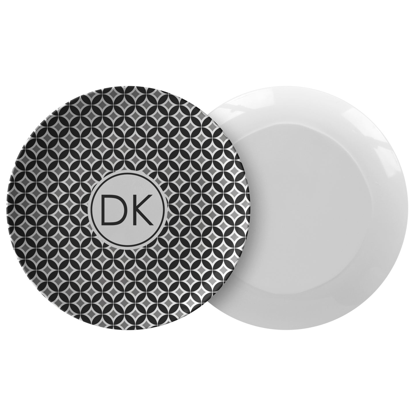 Monogram Plates 10"D, Black & White Geometric, Luxury Plastic, Choose Single or Set