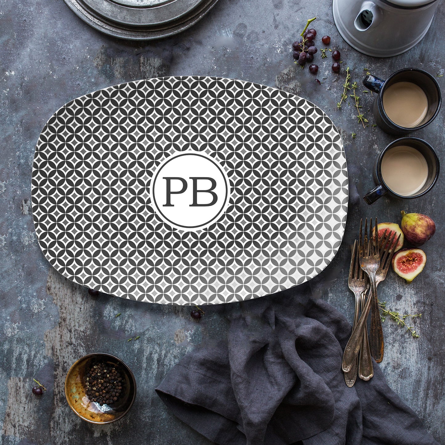 Custom Monogrammed Serving Platter with black, grey and white mid-century modern geometric pattern with initials
