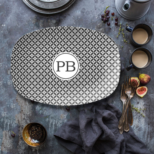 Custom Monogrammed Serving Platter with black, grey and white mid-century modern geometric pattern with initials