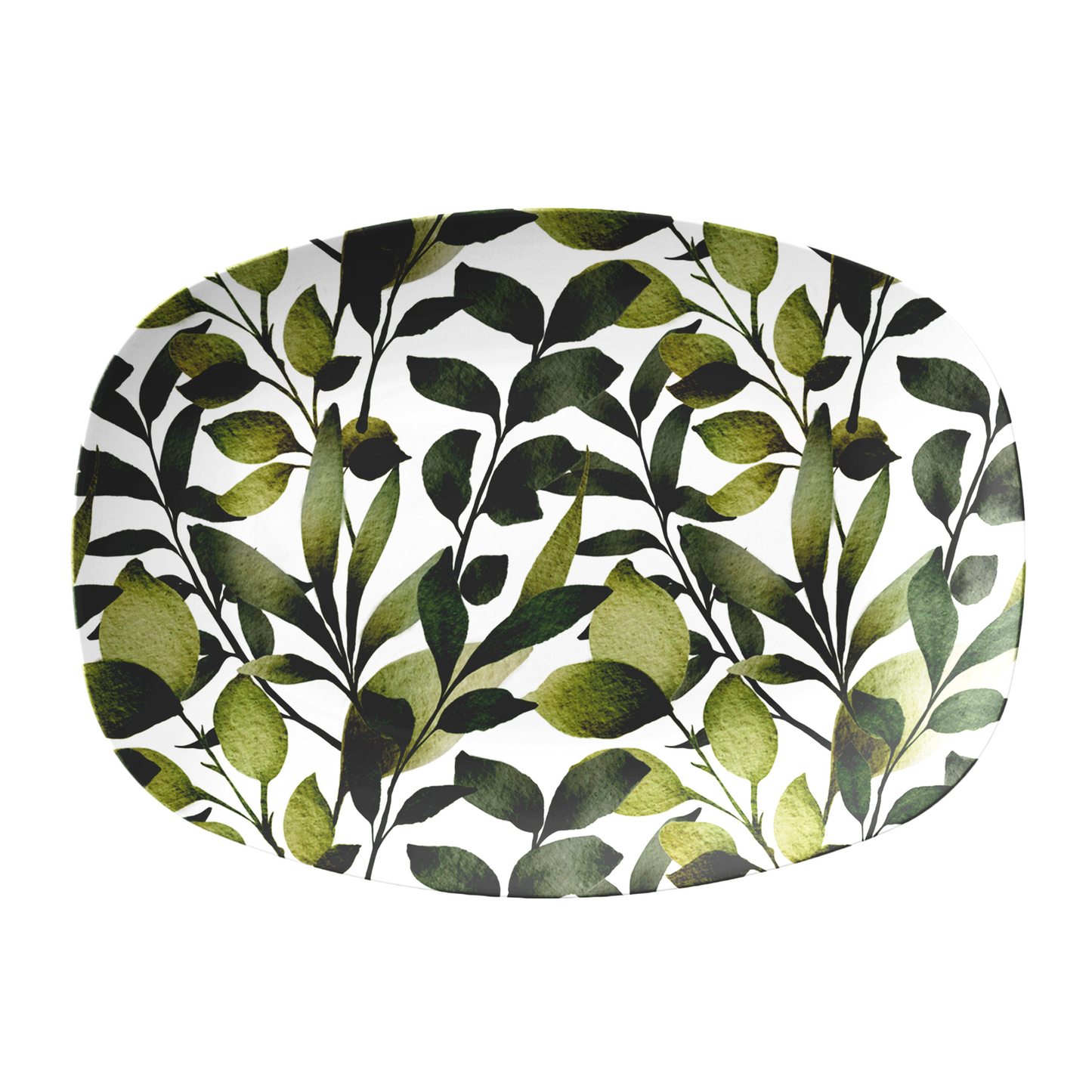 oval serving platter with green leaf pattern on a white background