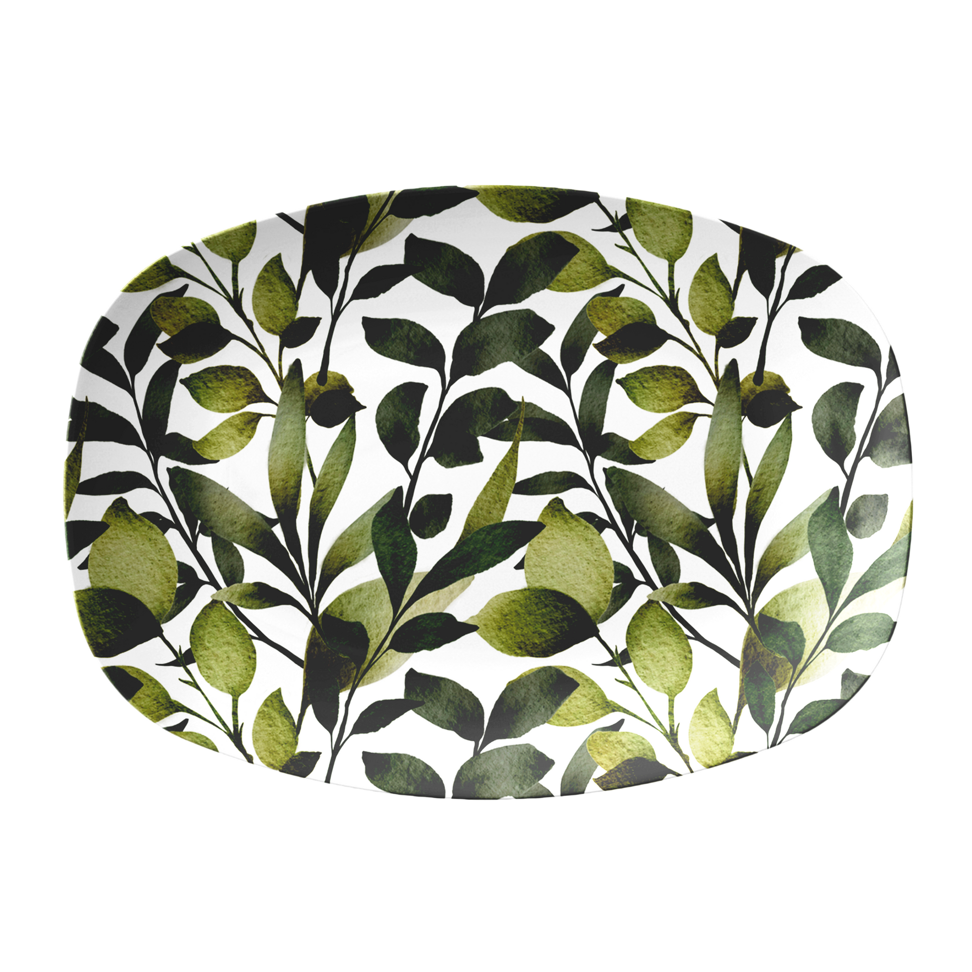 oval serving platter with green leaf pattern on a white background