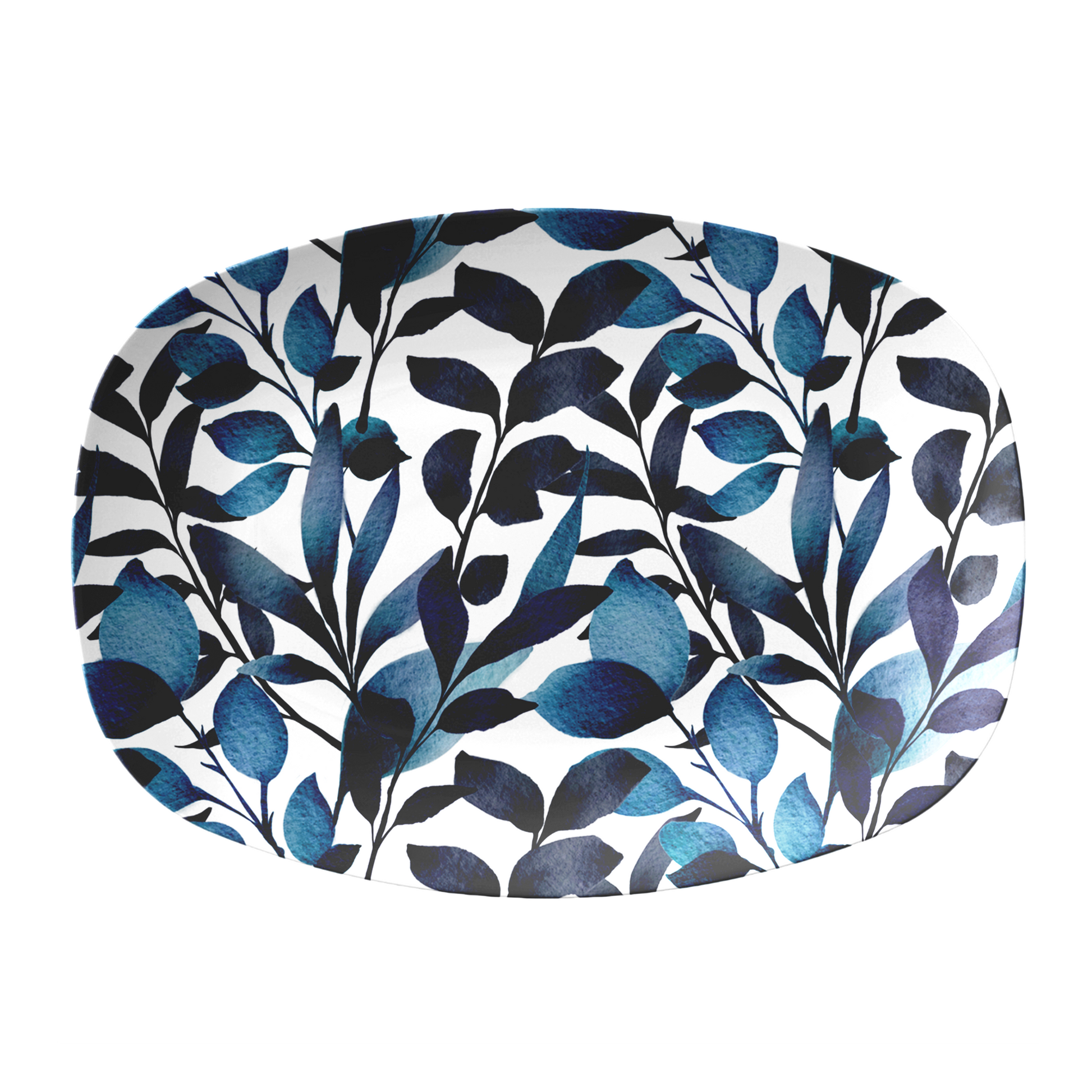 Oval serving platter with modern leaf print in navy blue and white