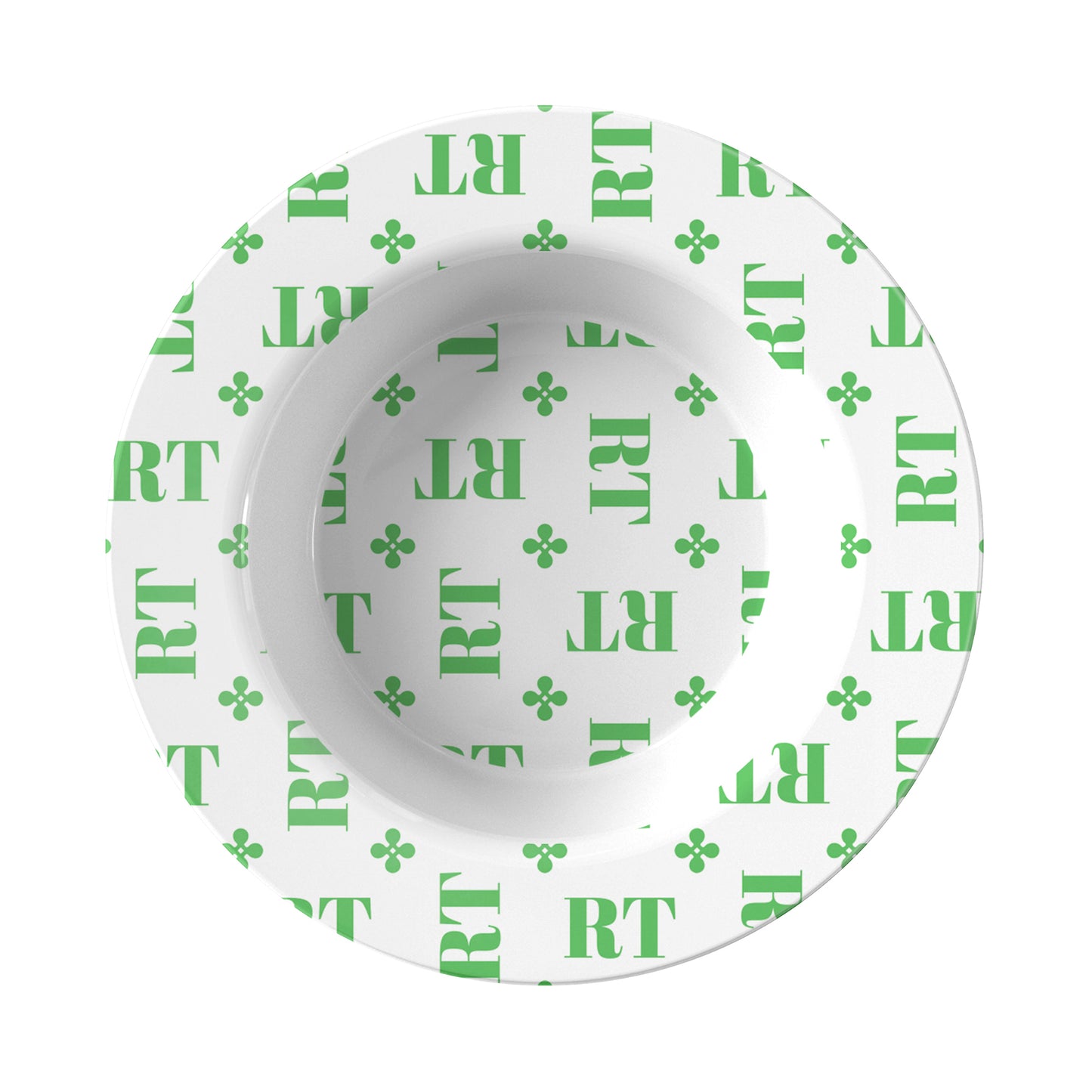 Personalized White and Green Stylized Monogram Bowl Set features customized initials set in a repeating pattern accented with a stylish motif for an all-over, unique design.