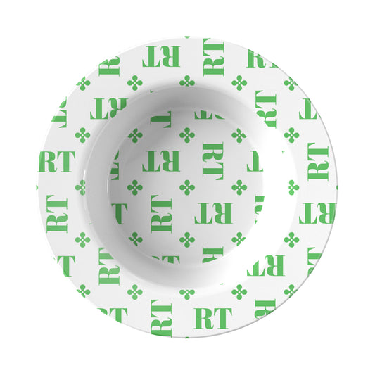Personalized White and Green Stylized Monogram Bowl Set features customized initials set in a repeating pattern accented with a stylish motif for an all-over, unique design.