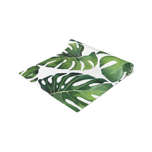 Monstera Leaves Table Runner, Green and White