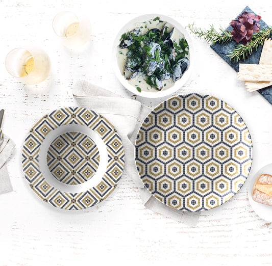 Mosaic Bistro Tile Print Plate, Hexagon Pattern, 10" Luxe Plastic
