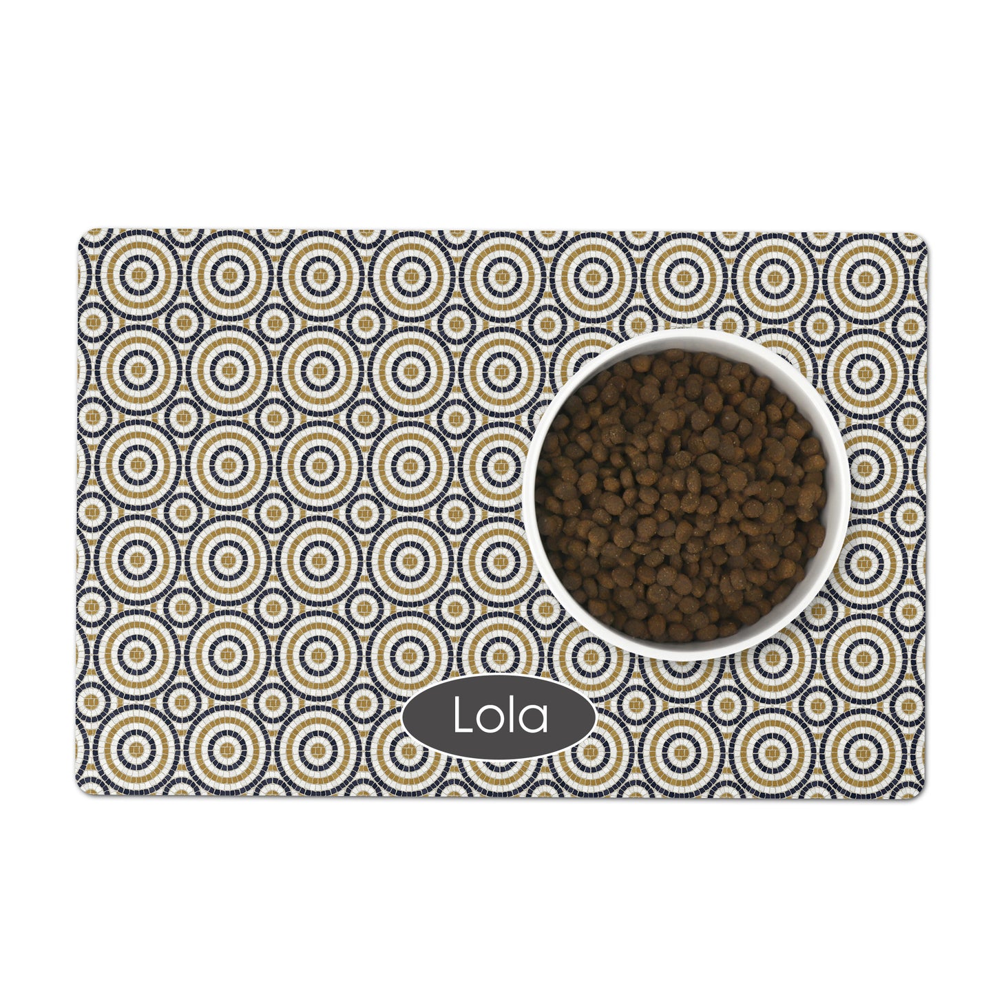 Bistro tiles pet bowl mat with a circular pattern.