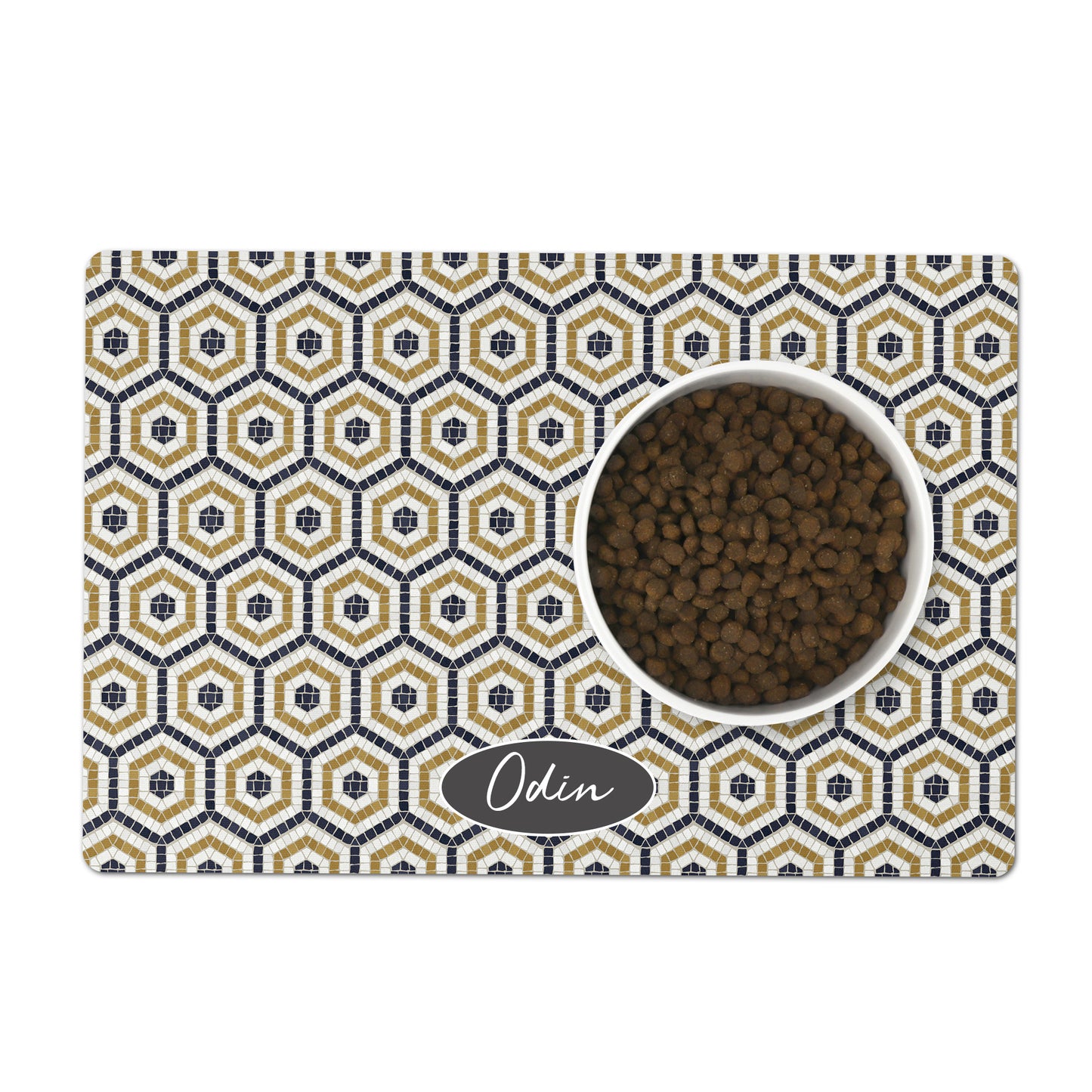 Bistro tile with a hexagon pattern pet placemat is personalized with any text.