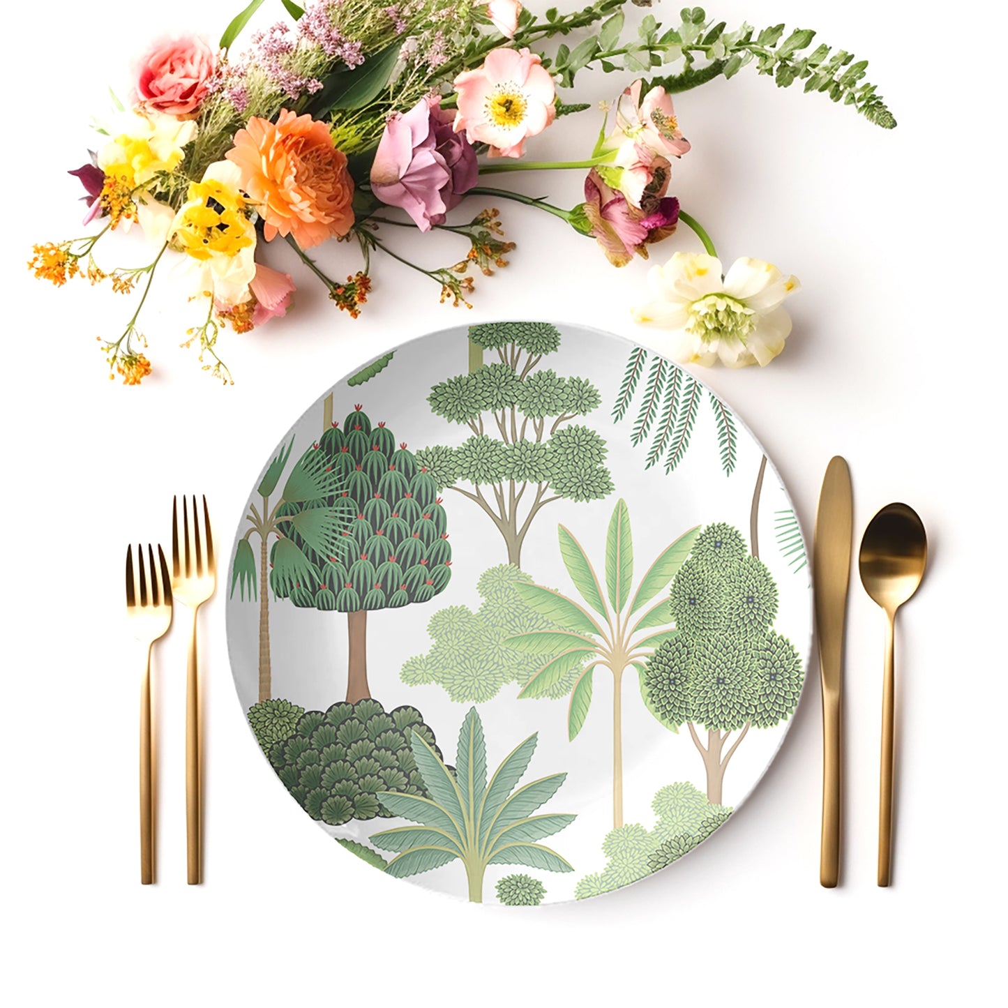 Tropical Trees Plates, White & Green, Microwave Safe Plastic Plates, Choose Single or Set