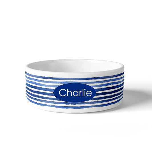Personalized Navy Blue and White Striped Pet Bowl, Ceramic