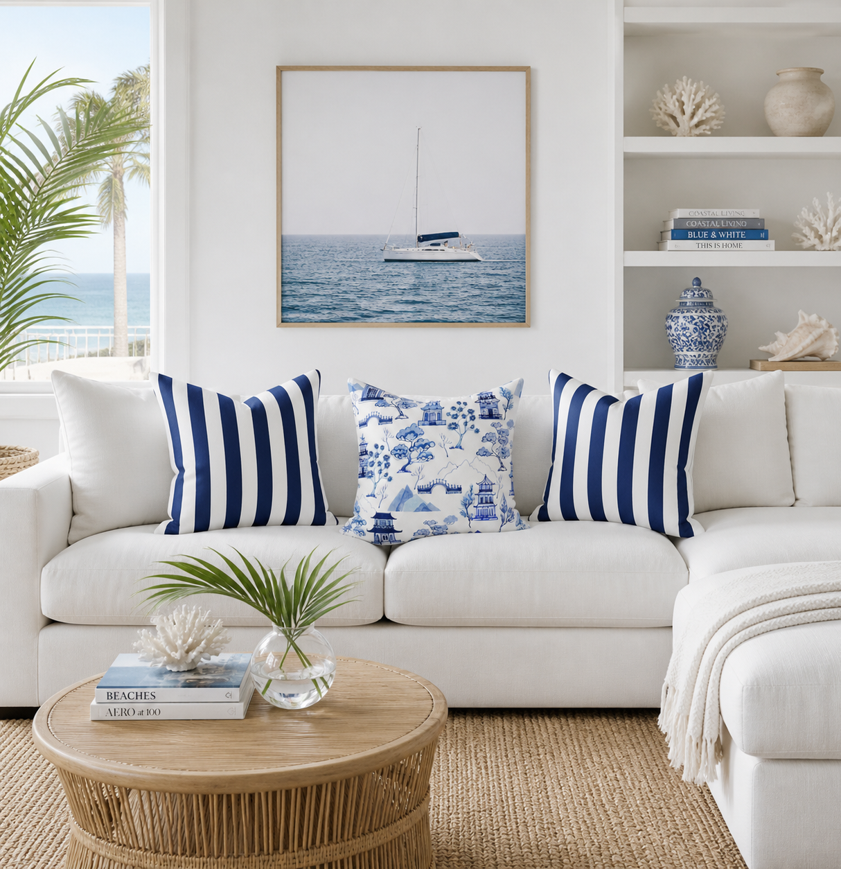 Blue Stripe Faux Suede Square Pillow, 20" x 20", Navy Blue and Off White