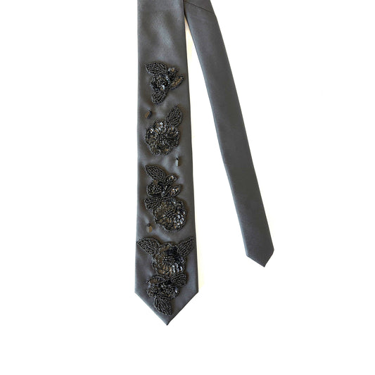 Black embellished necktie with floral beaded sequin appliques