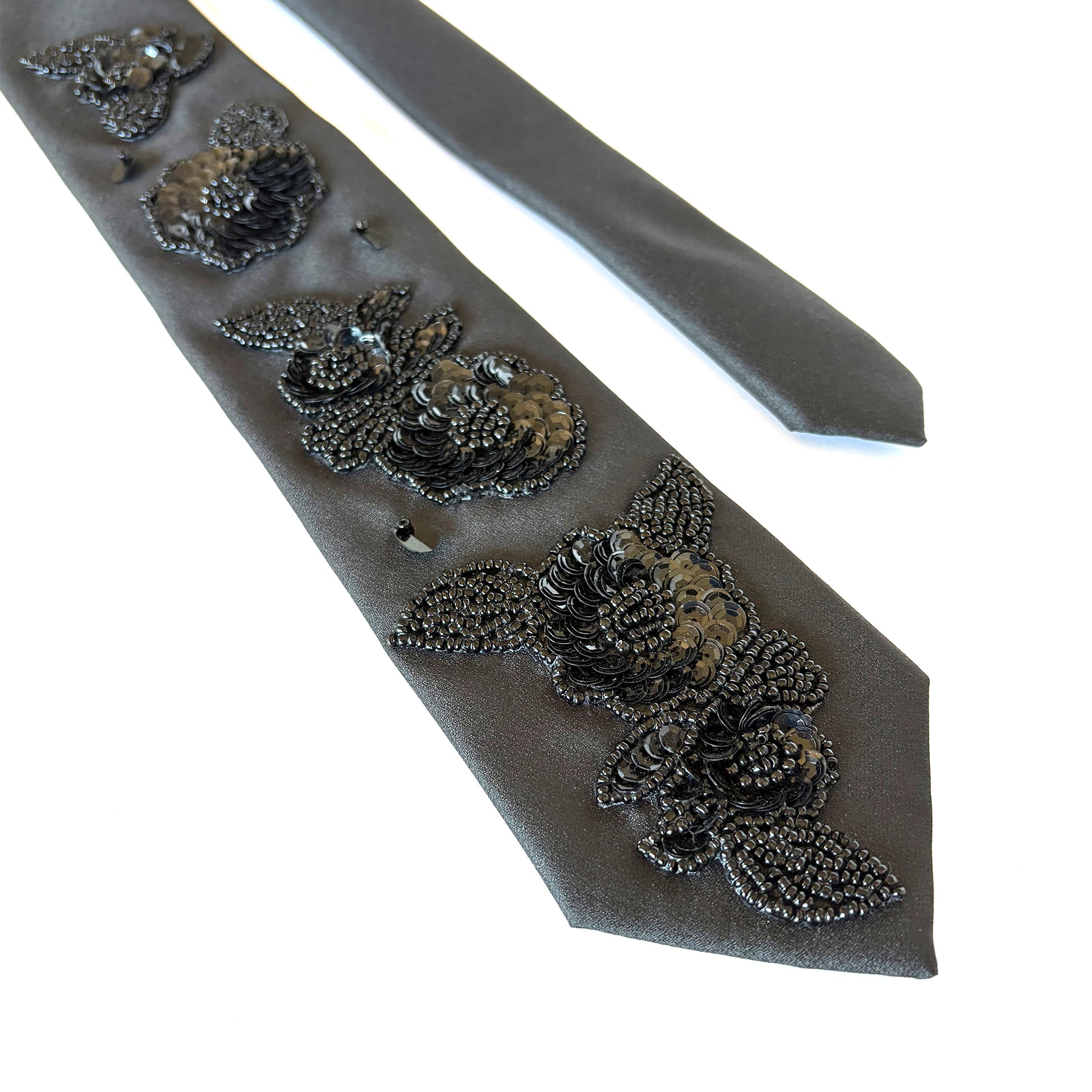 Black embellished necktie with floral beaded sequin appliques