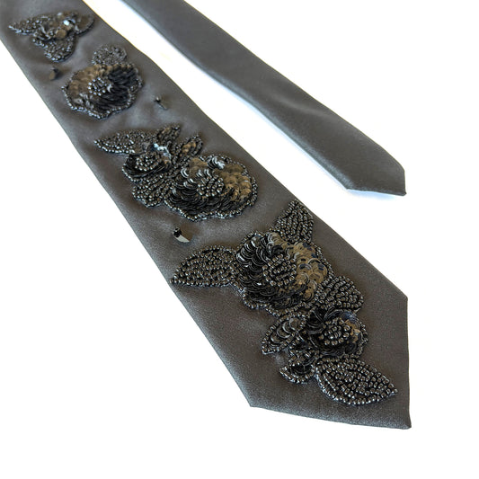 Black embellished necktie with floral beaded sequin appliques