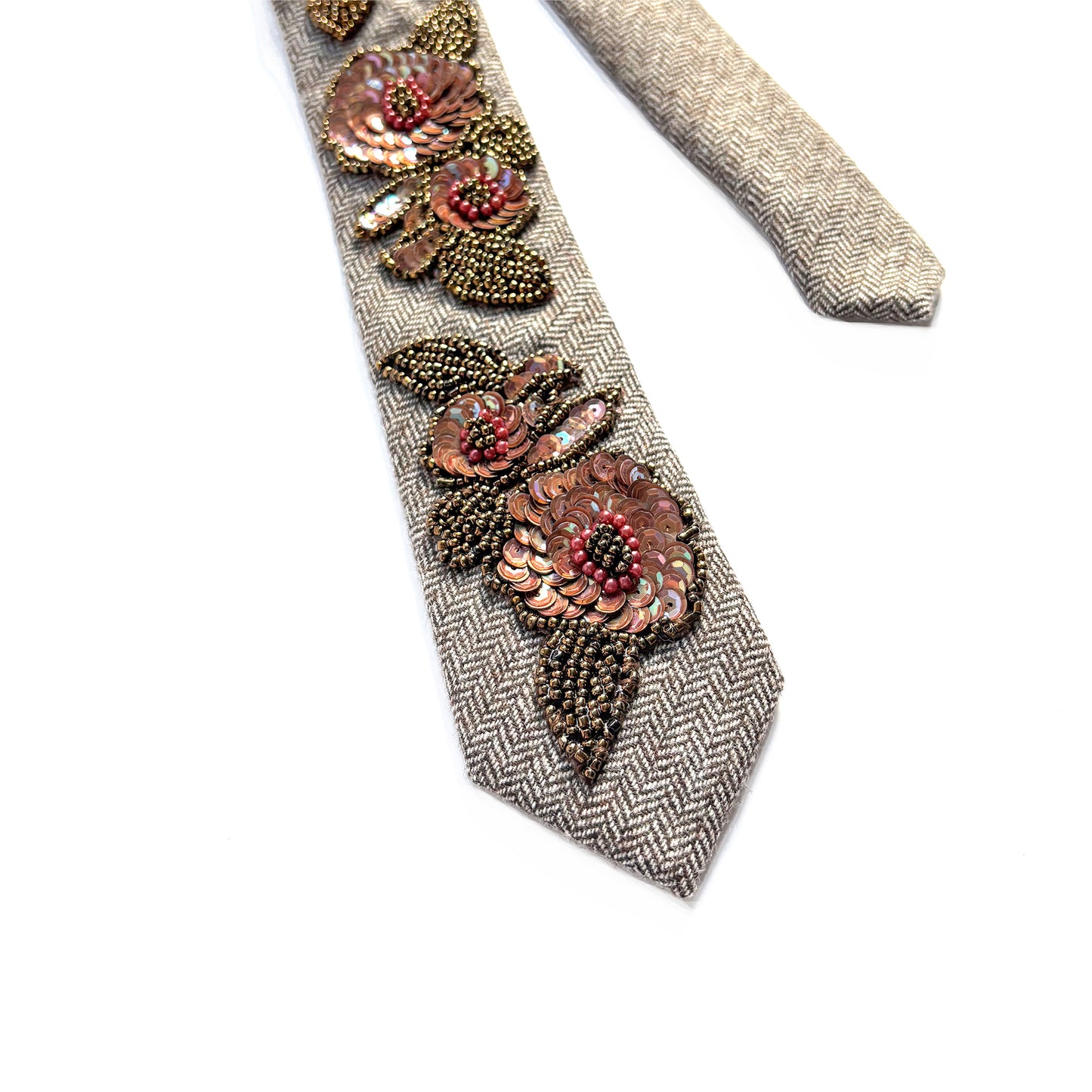 Brown Herringbone Tweed Upcycled Embellished Necktie – Bronze Vintage Beaded Sequin Appliques - Unisex