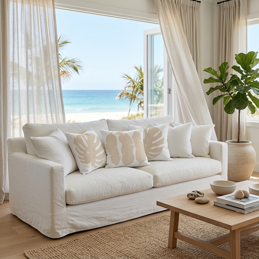 Beach house living room with white sofa and tropical leaf pillows in white and cream in front of an open window with ocean views.