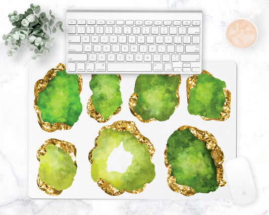 Green peridot and gold gemstone counter mat, desk pad, bar mat reverses to nonskid rubber back.