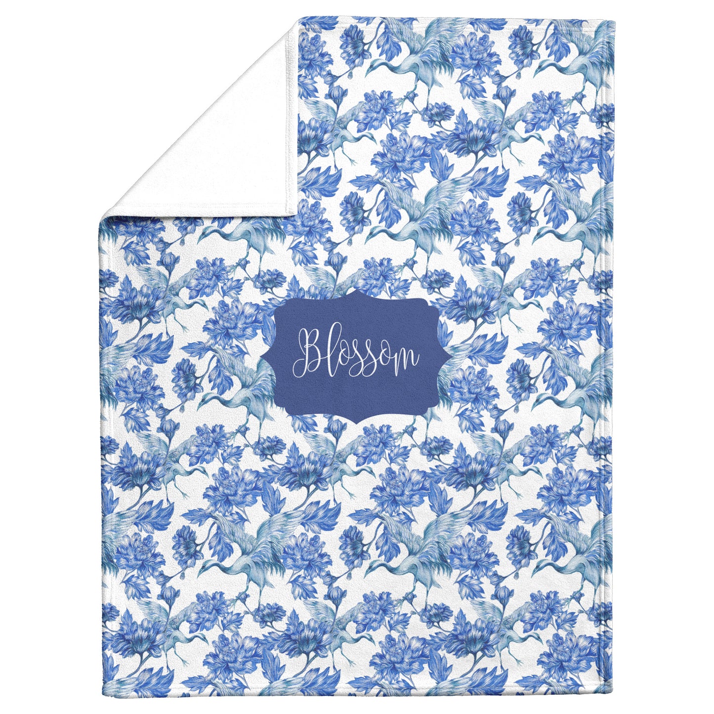 Personalized Pet Blanket, Chinoiserie Peonies & Cranes, Blue & White