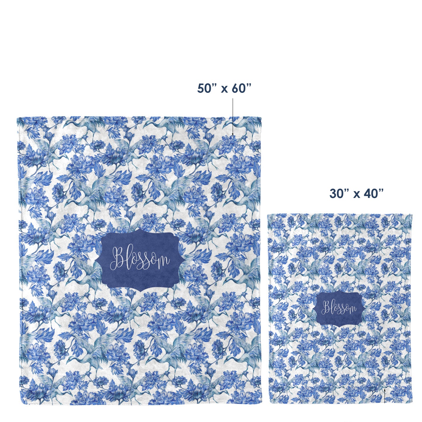Personalized Pet Blanket, Chinoiserie Peonies & Cranes, Blue & White