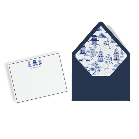Personalized Chinoiserie Toile Notecards, Custom Stationery Set, Blue & White