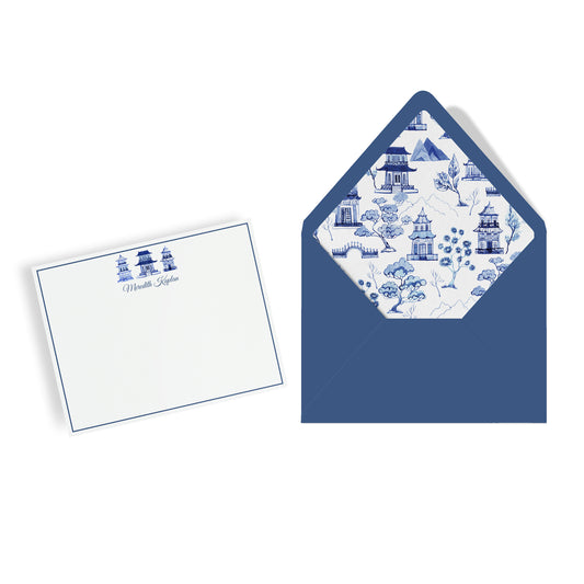 Personalized Chinoiserie Toile Notecards, Custom Stationery Set, Blue & White