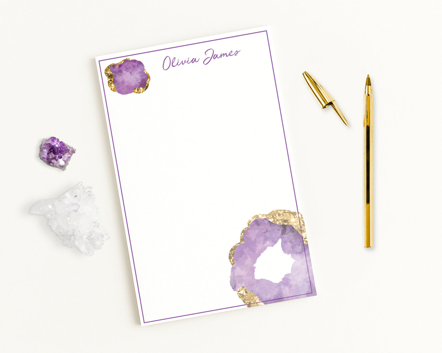Personalized Notepad with Amethyst Birthstone Gemstone & Custom Monogram Name