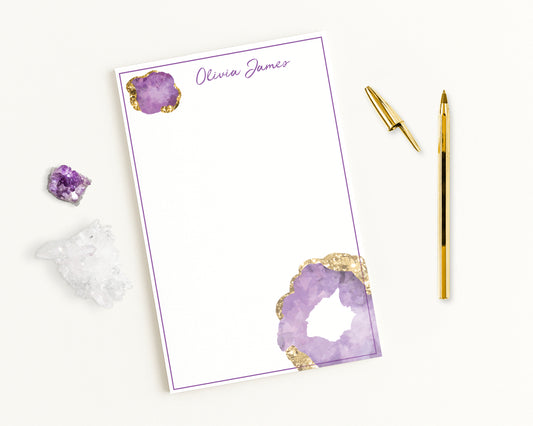 Personalized Notepad with Amethyst Birthstone Gemstone & Custom Monogram Name