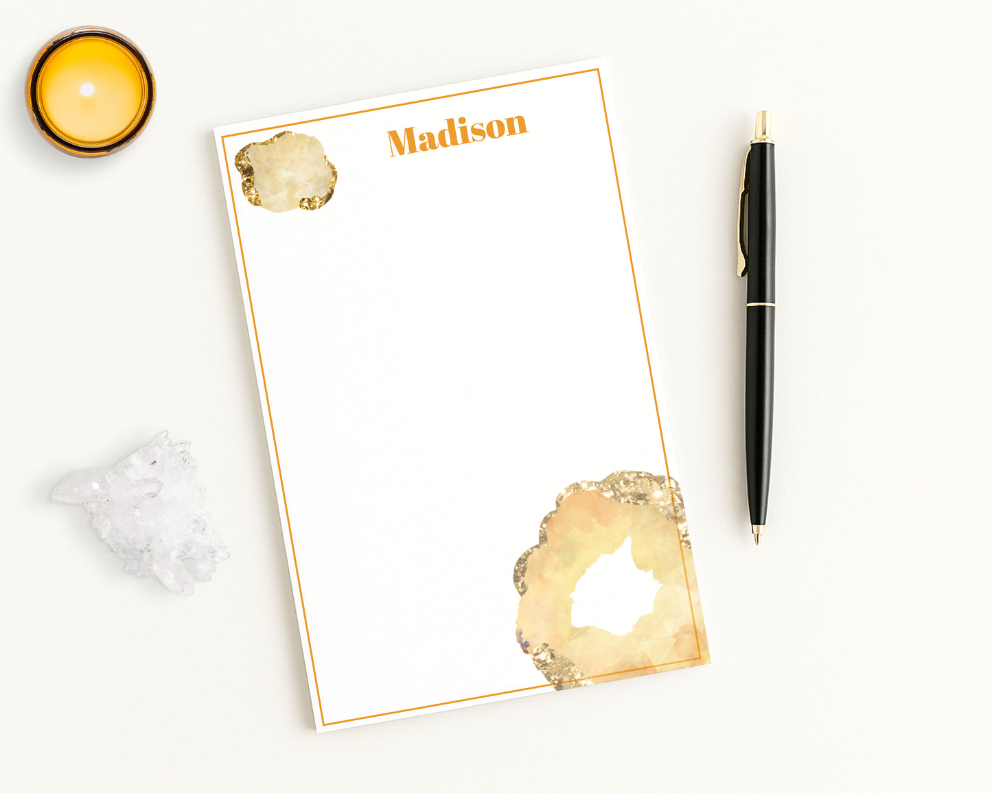Personalized paper notepad with citrine gem print