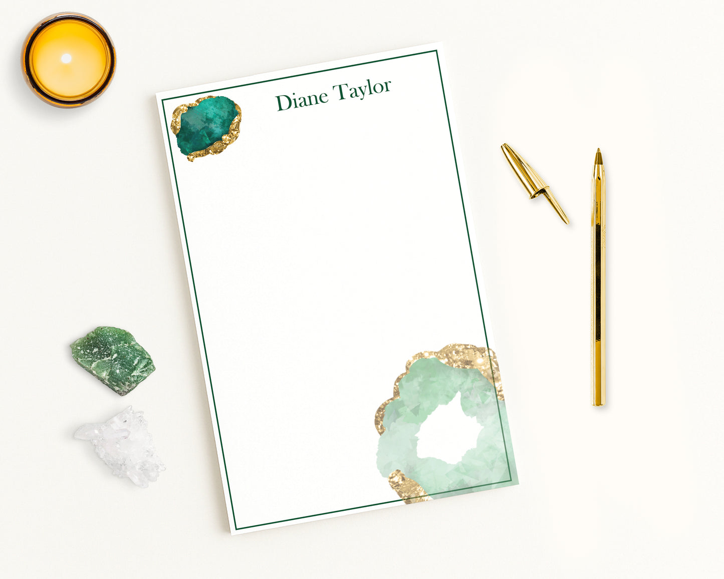 Personalized Notepad Stationery with custom name and monogram with emerald birthstone print