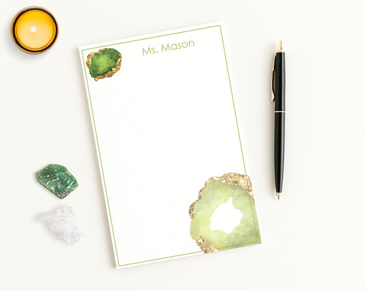 Personalized monogrammed paper notepad with peridot birthstone gem print
