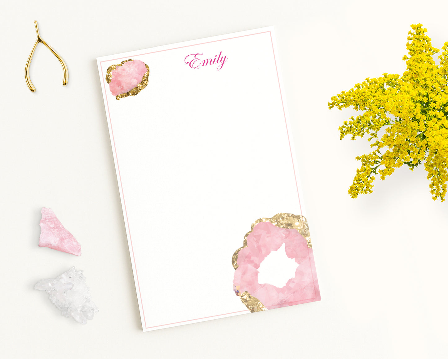 Personalized Paper Notepad Stationery with custom name and rose quartz birthstone gem print